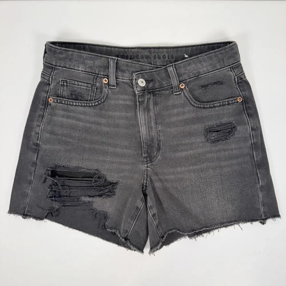 NWT American Eagle Black High-Waisted Distressed Denim Shorts -4